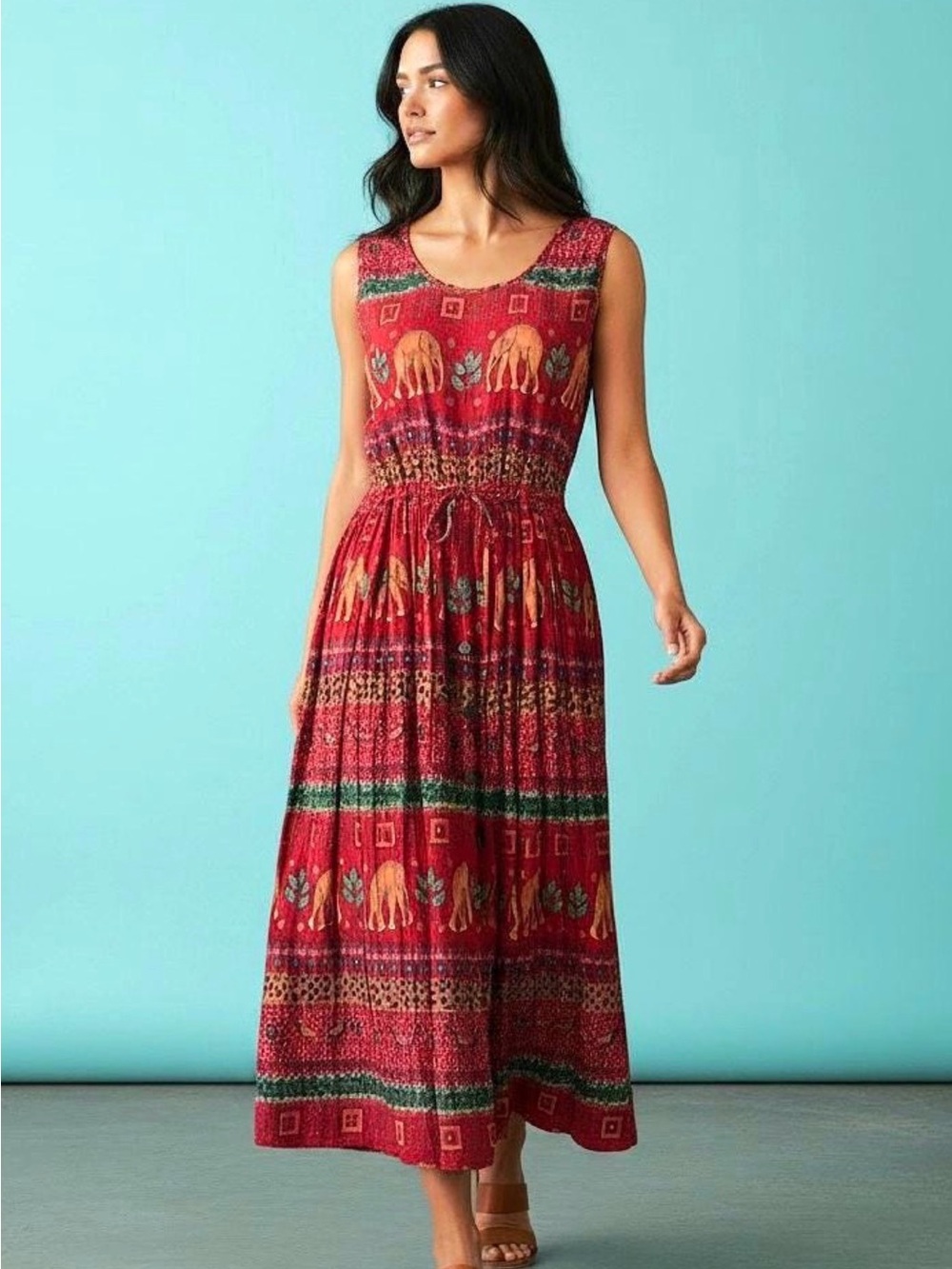 Vintage Bila Red Printed Sleeveless Maxi Dress Tribal Elephant